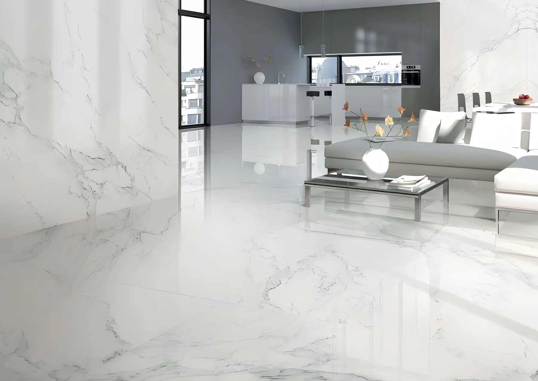 Bright living space with large-format white marble floor and walls