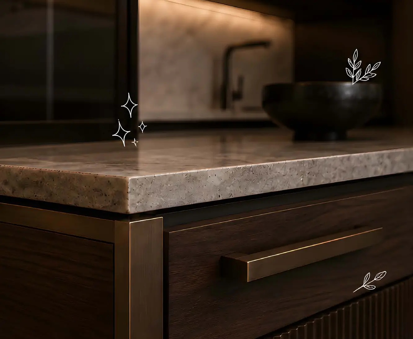 Walnut cabinet with a bronze handle and honed stone worktop