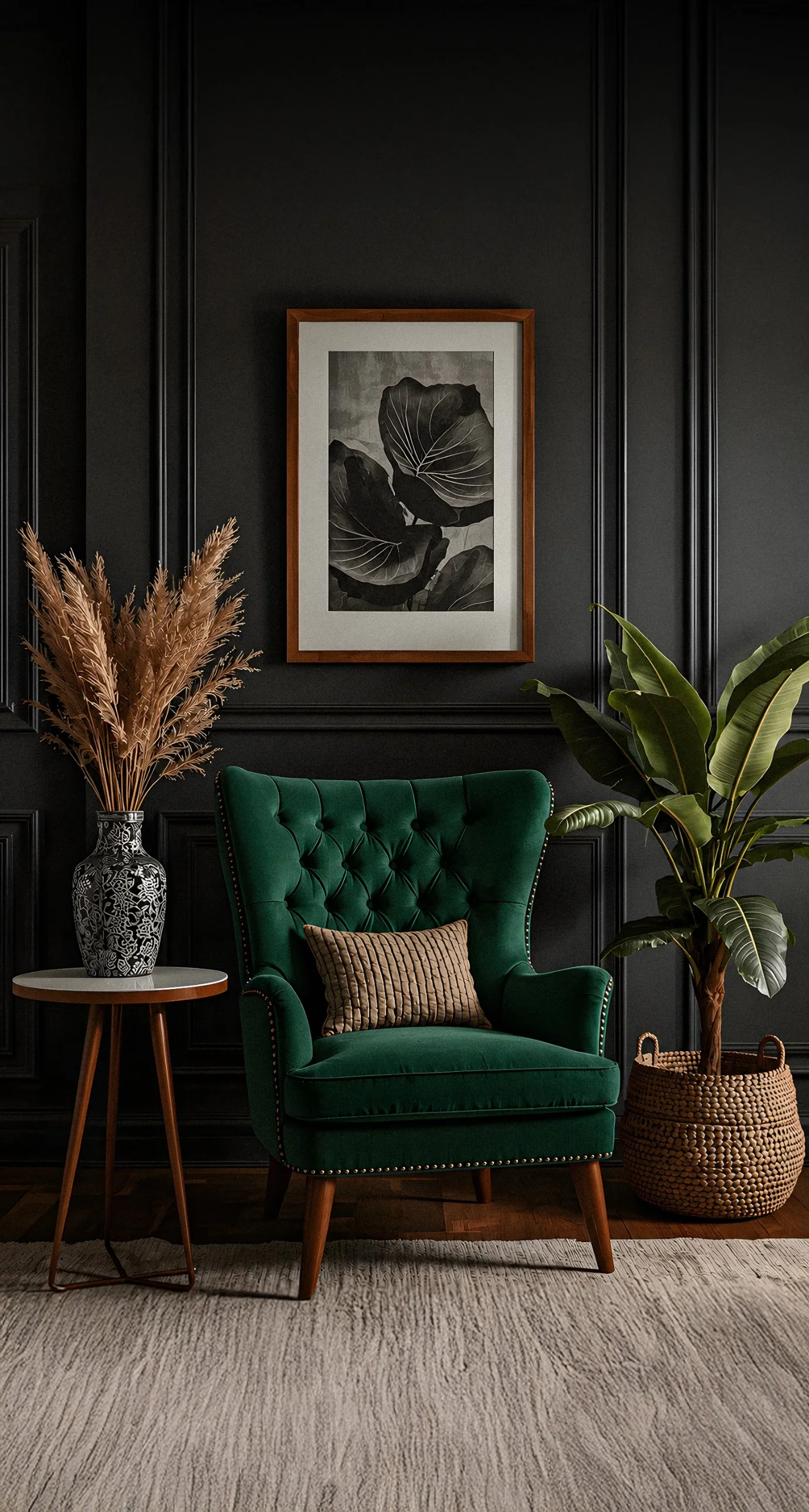 Green velvet tufted armchair beside a side table in a dark panelled room