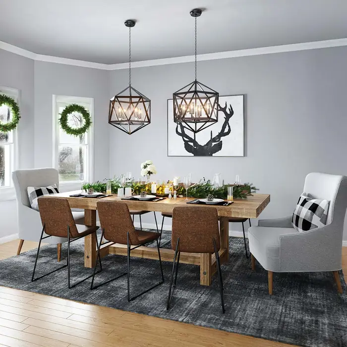 Dining room with a timber table and geometric pendant lights
