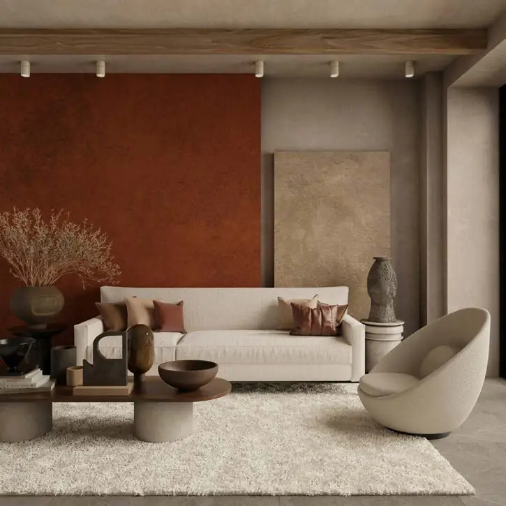 Lounge with a terracotta wall, cream sofa and sculptural chair
