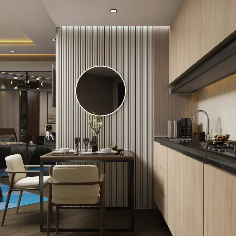 Dining nook with fluted wall and round backlit mirror