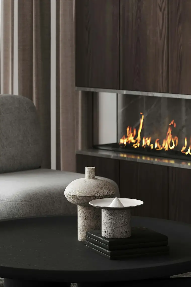 Dark timber joinery around a fireplace